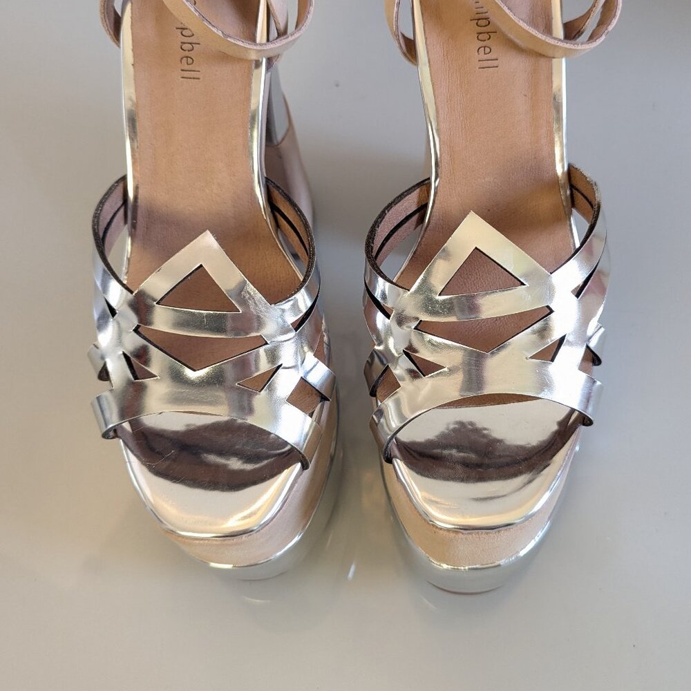 Jeffrey Campbell Y2K Nude Chrome Ambrose Platform Heels Shiny Ankle Strap NEW - Picture 12 of 12